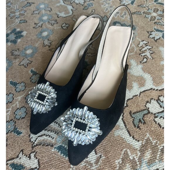 NWOT LaRosa Black Crystal Slingback Pointed Toe Heels - Picture 5 of 5